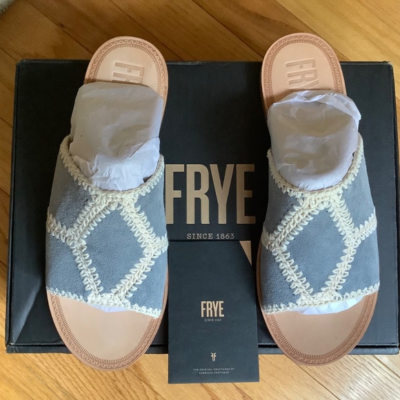 FRYE Ava Crochet Leather Slide Sandals Steel Blue SZ 9 - Picture 3 of 16